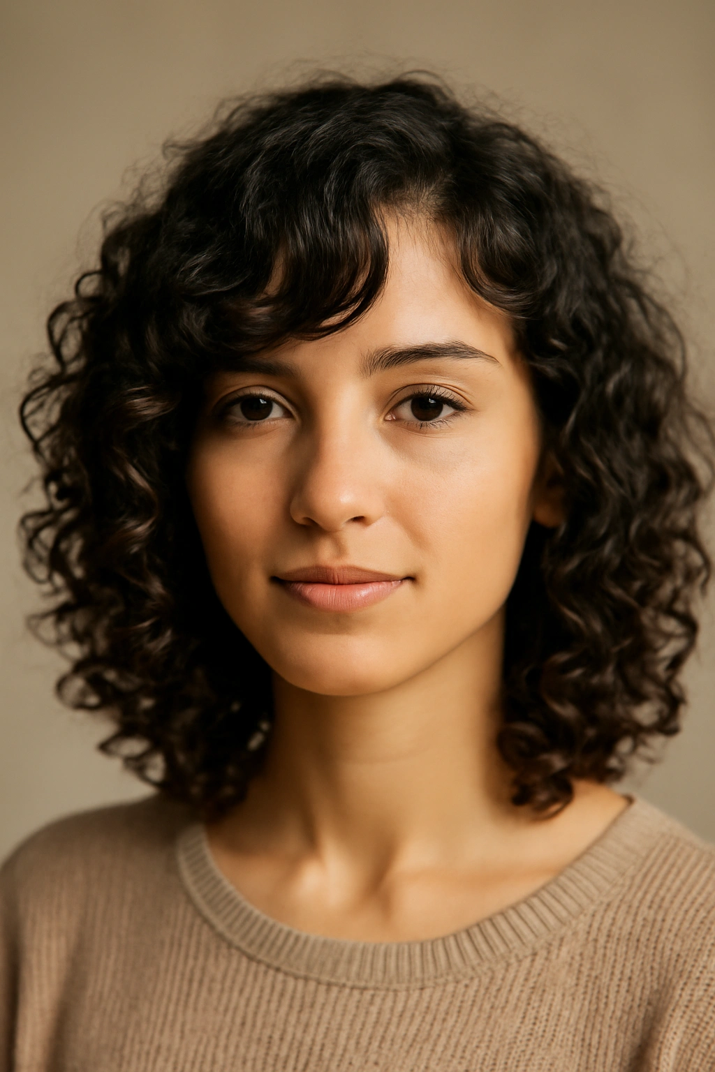 Headshot with soft side-swept bangs following natural curls