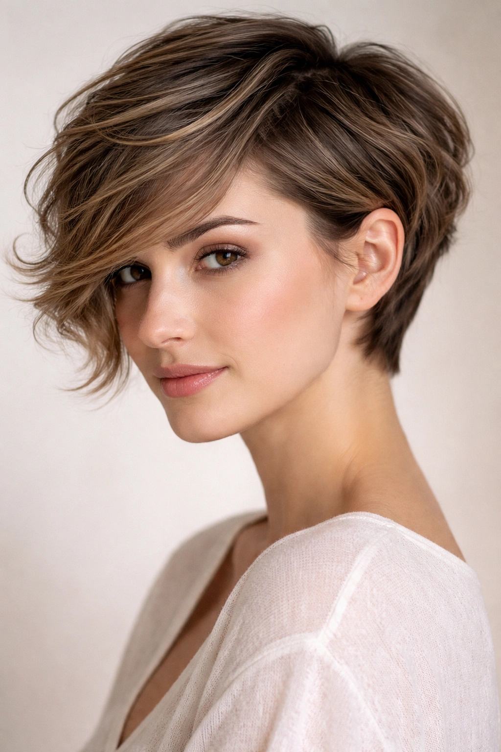 Close-up of a soft side-swept pixie with waves across the face