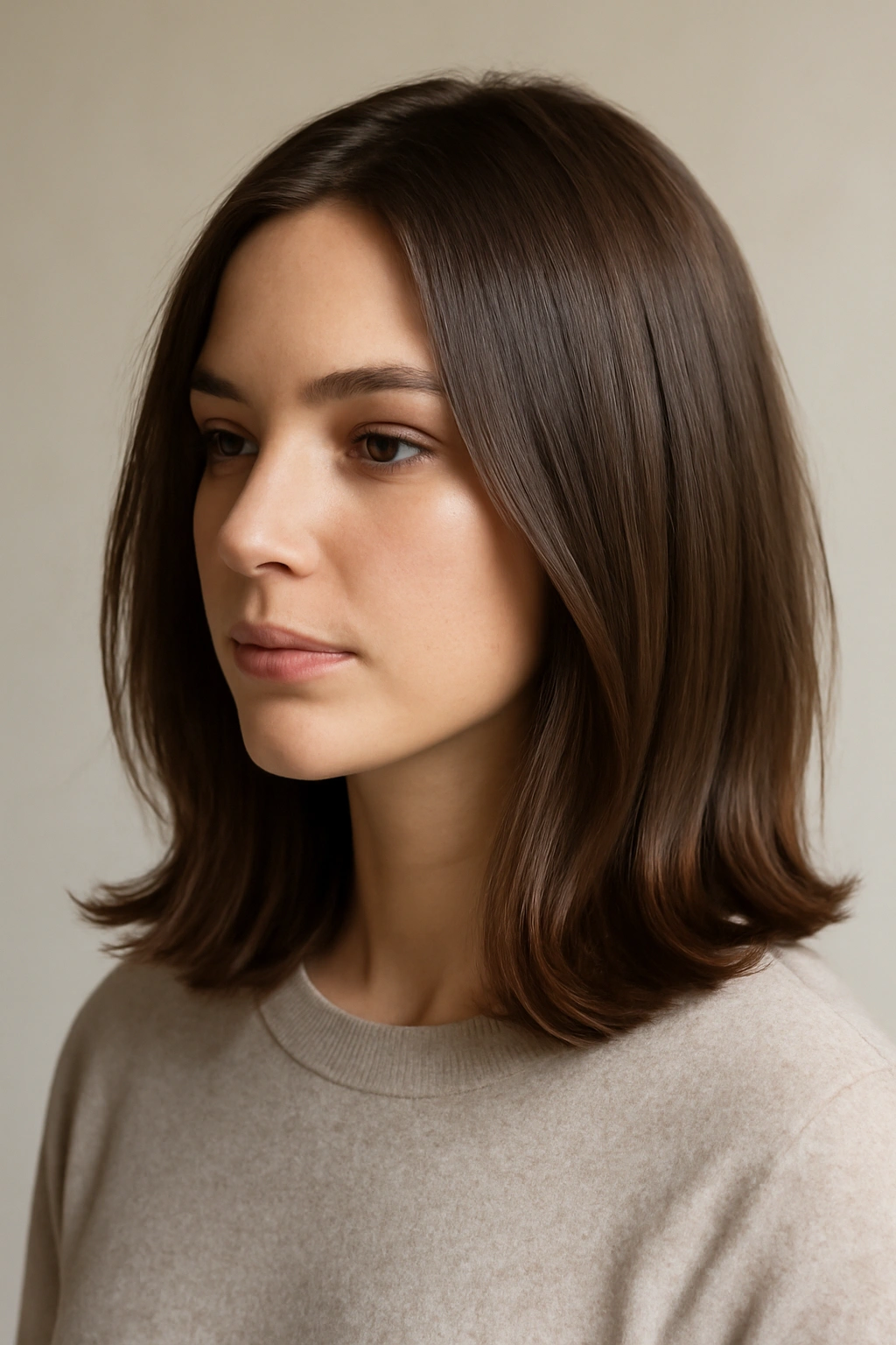 Shoulder-length straight hair with soft texture and subtle bends