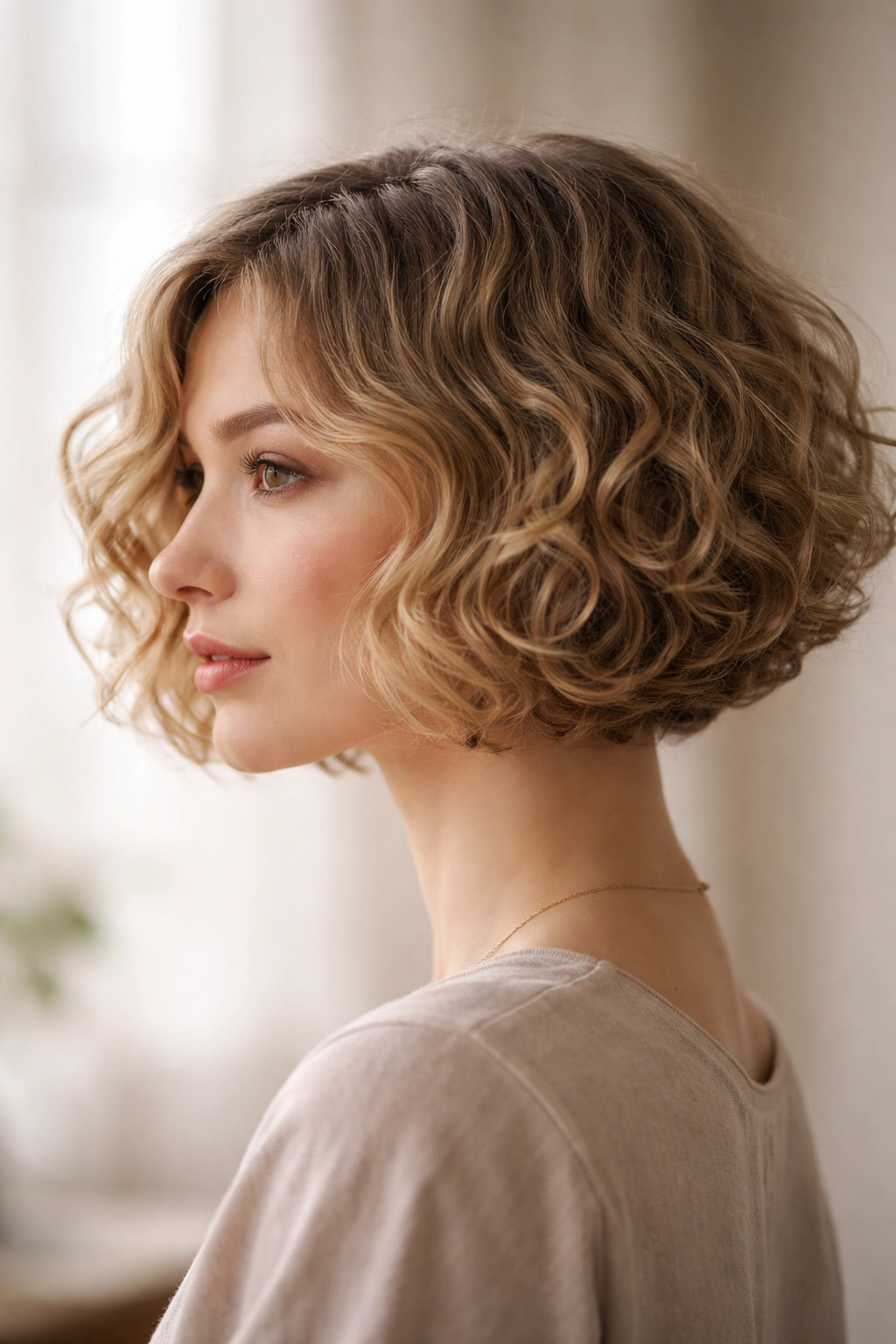 Profile close-up of fine, curly hair with a soft textured chin-length bob showing subtle layers.