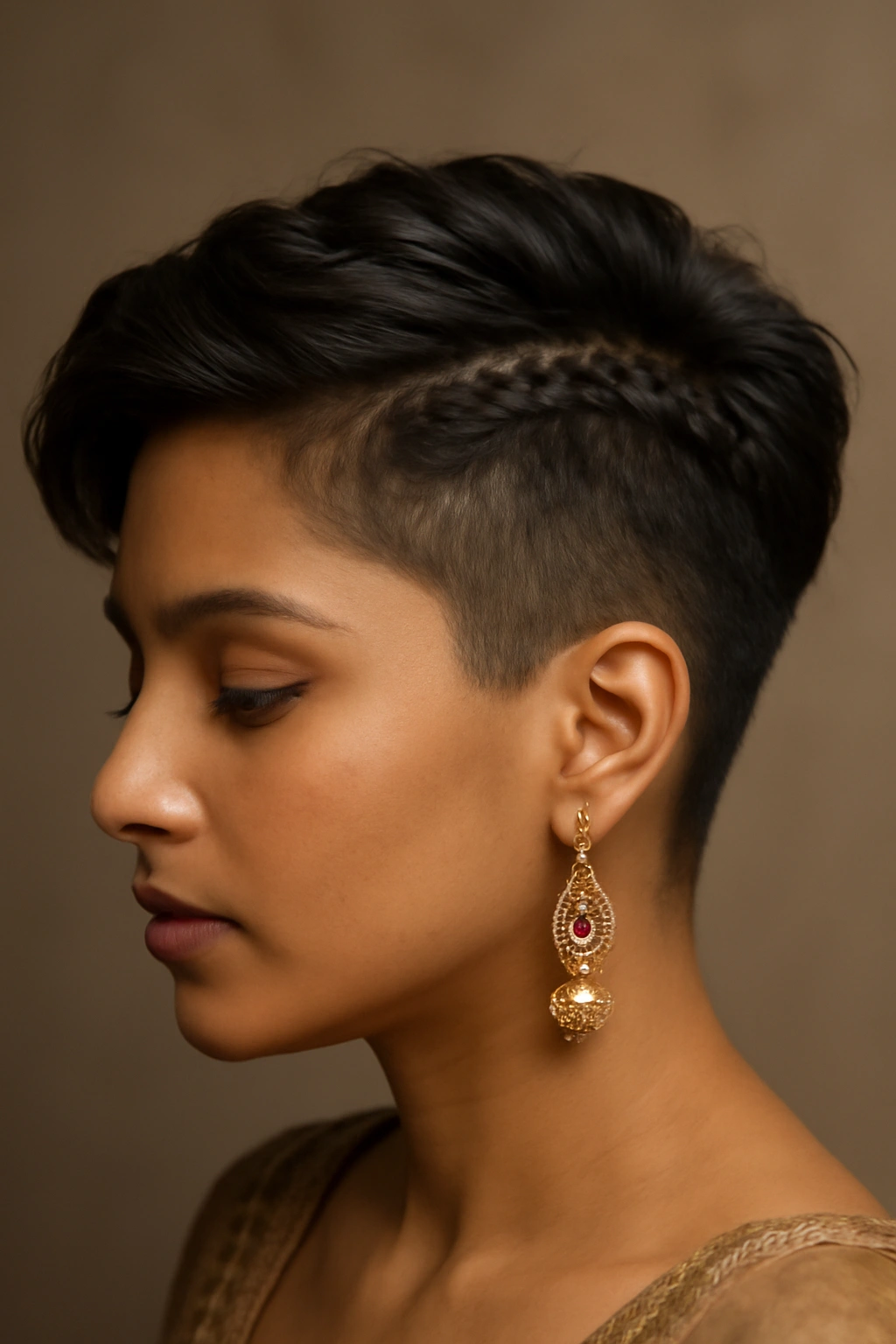 Soft undercut with a top braid weaving through longer hair