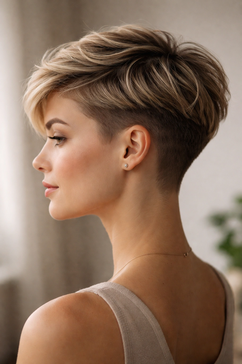 Soft undercut pixie with blended sides and longer top.