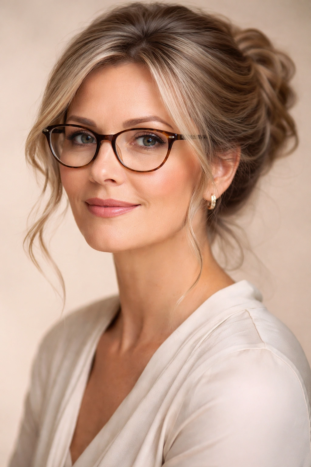 Mature woman in soft updo with face-framing pieces and glasses