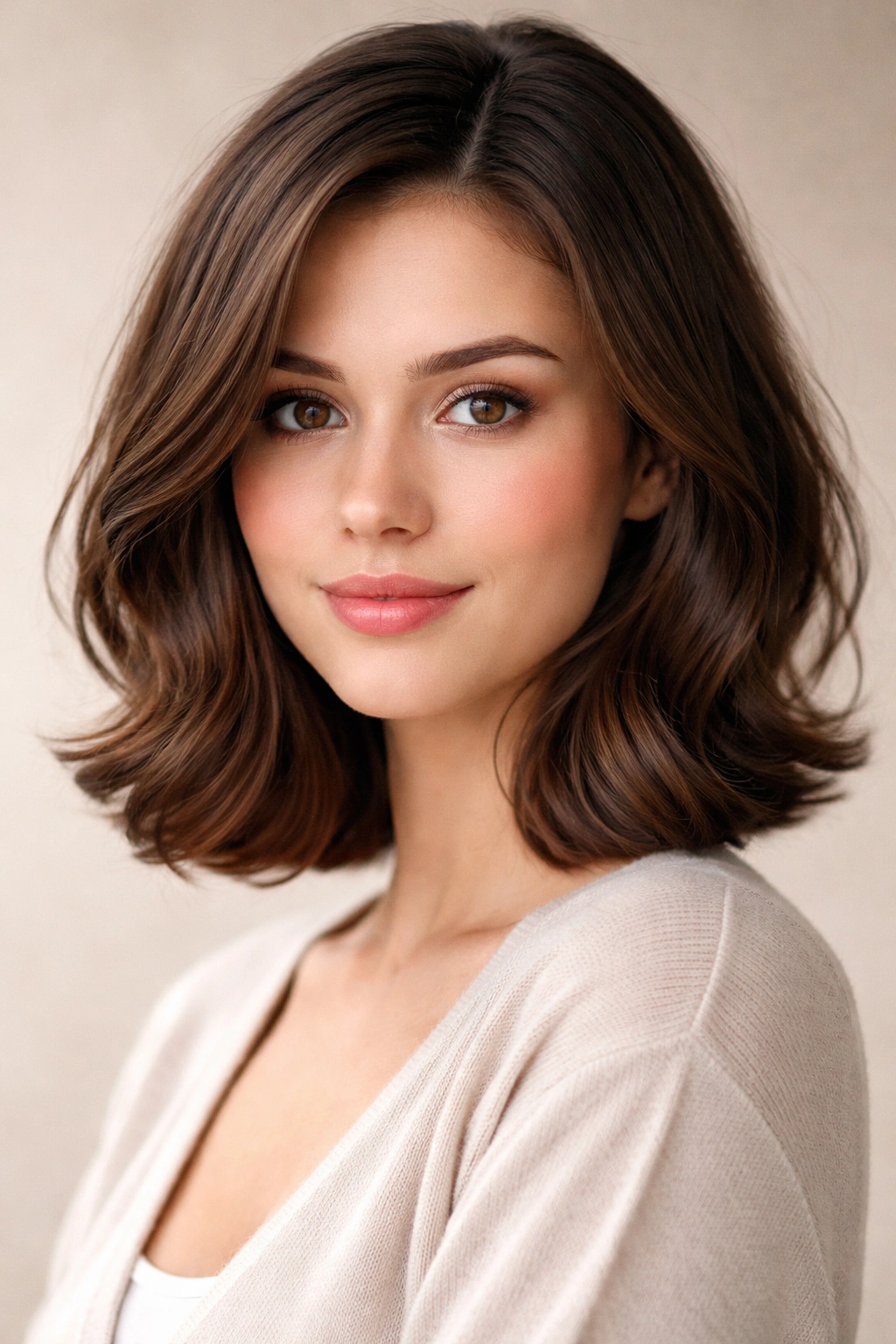 Heart-shaped face with soft wave bob and medium hair
