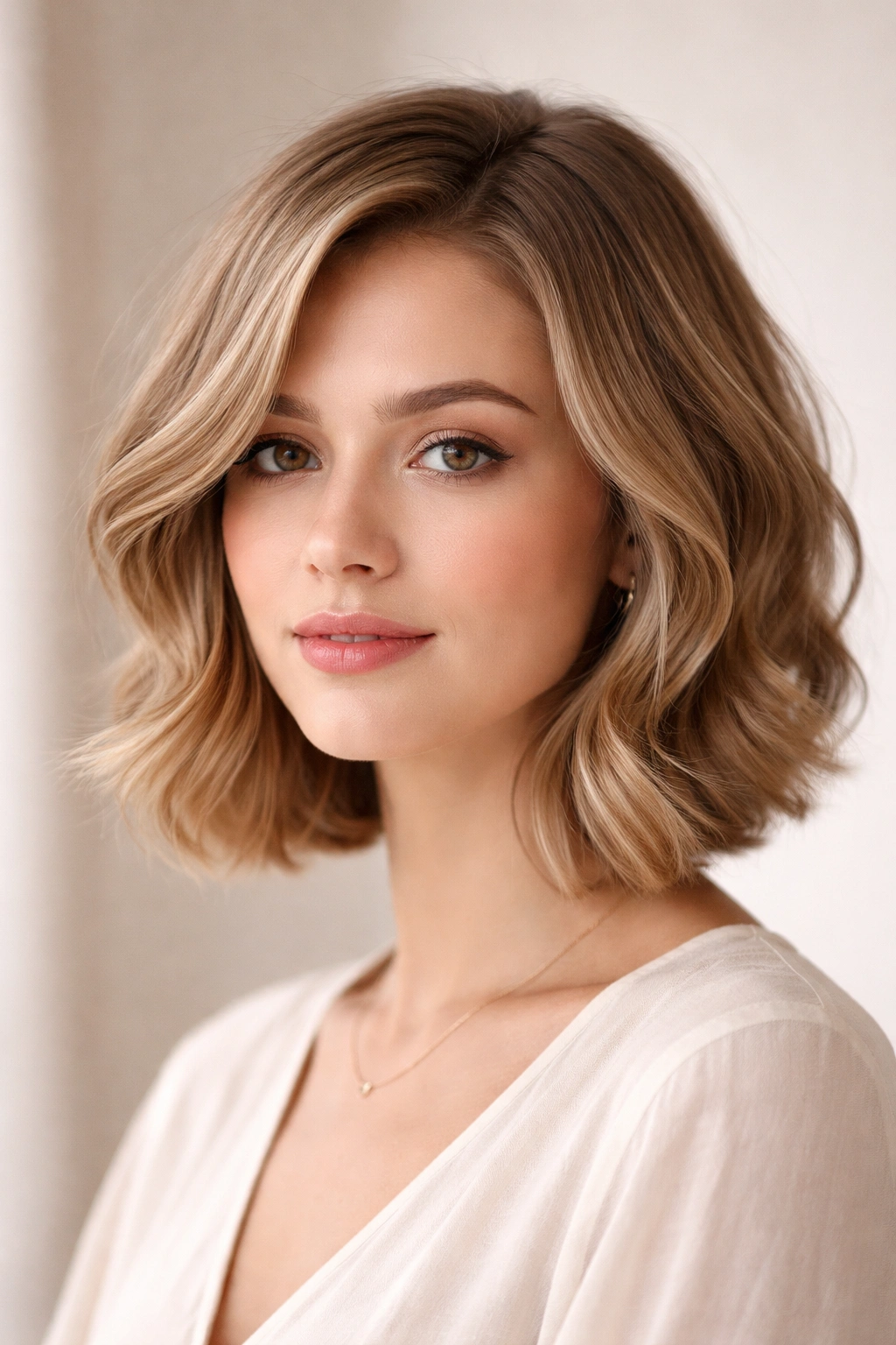 Chin-length soft wave bob with blended subtle layers and gentle framing waves