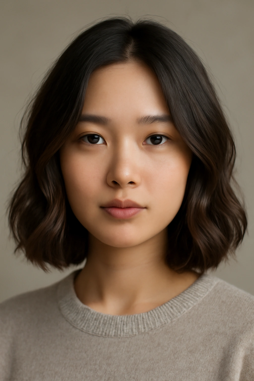 Asian woman with soft wave curtain bob and center part.