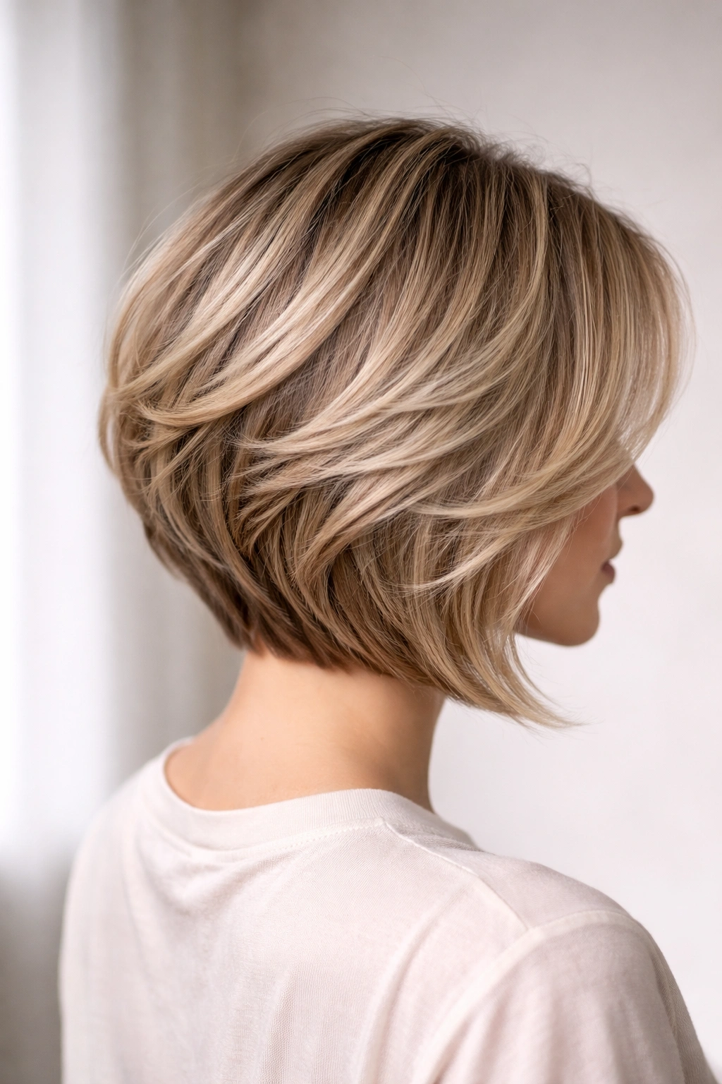 Close-up of soft-wave feathered stack with gentle waves and smooth layering