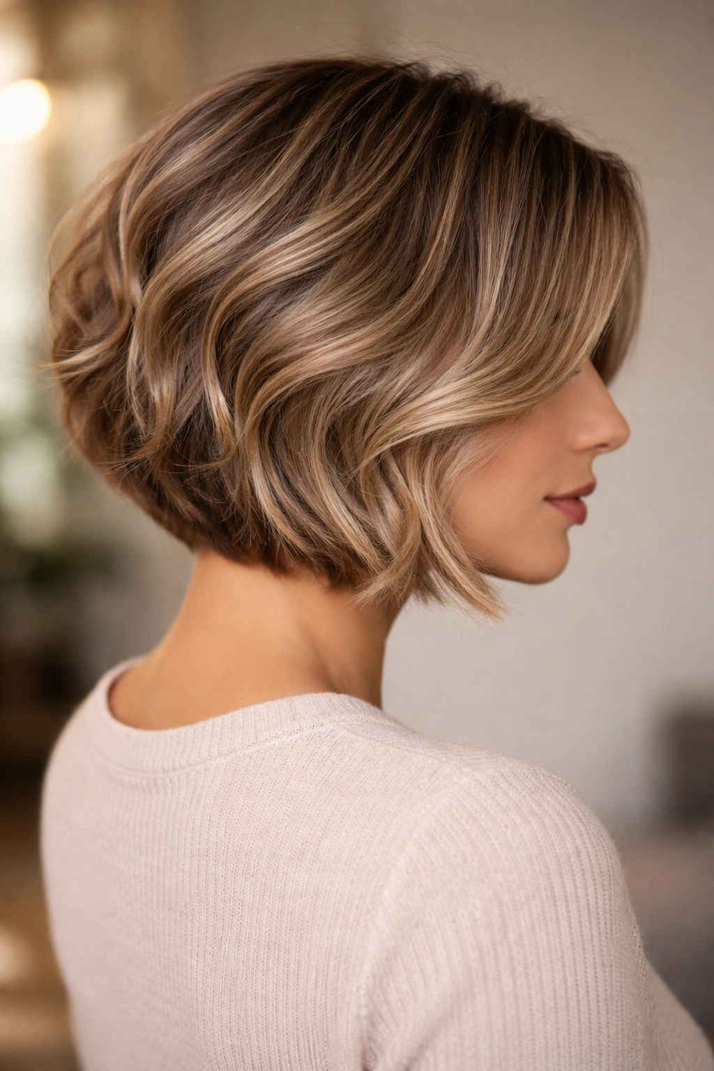 Head-and-shoulders portrait of a soft wave inverted bob with length and gentle waves.