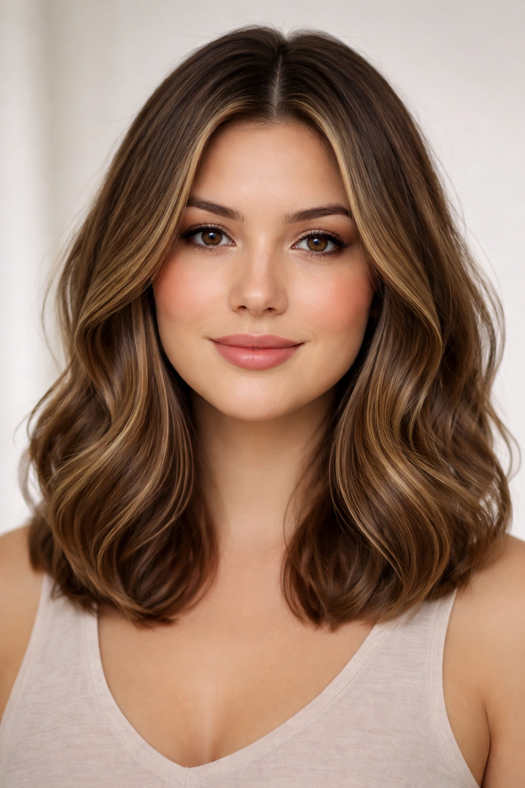 Portrait of a person with a soft wave lob and middle part.
