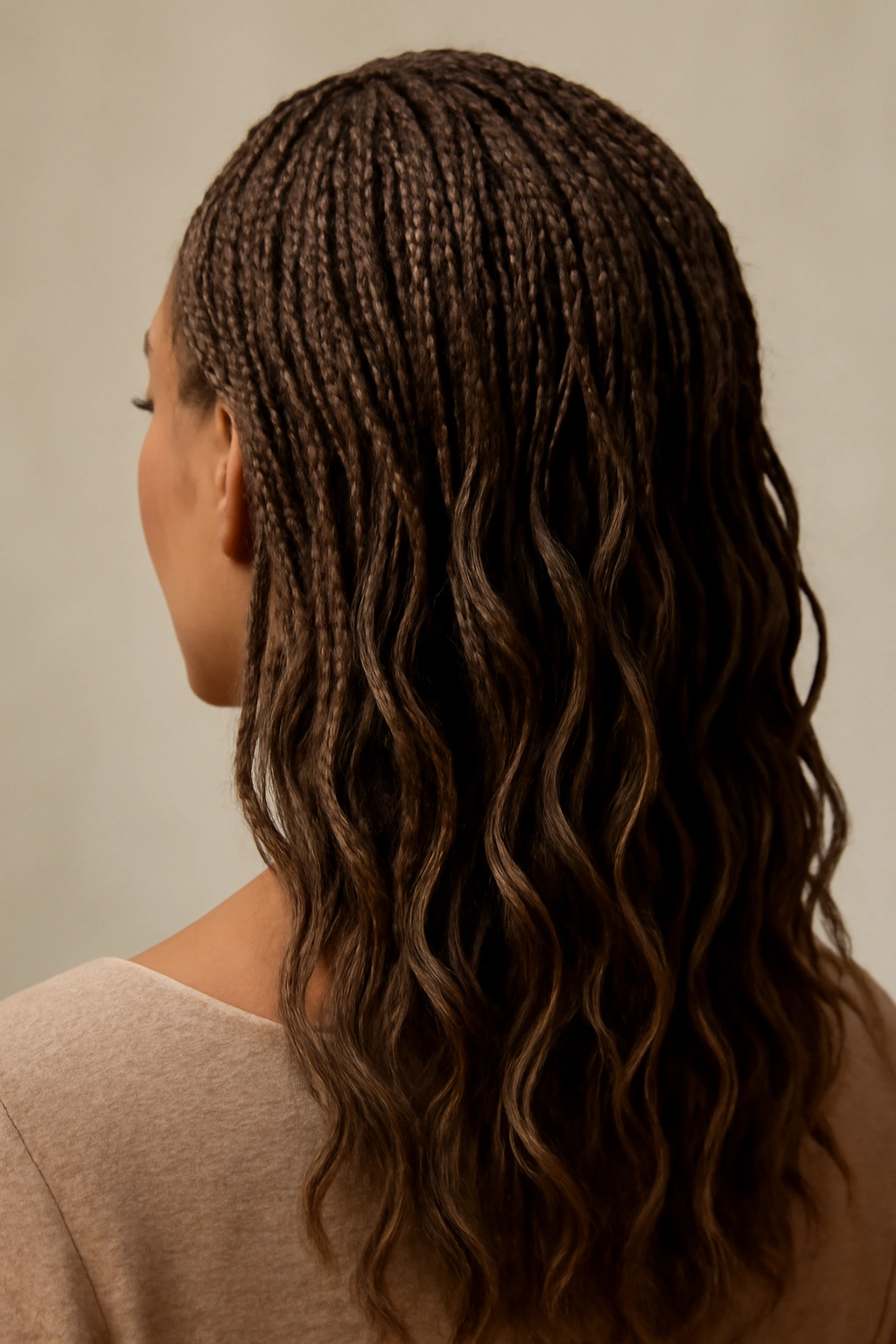 Loose, soft-tension micro braids forming gentle waves along the length.