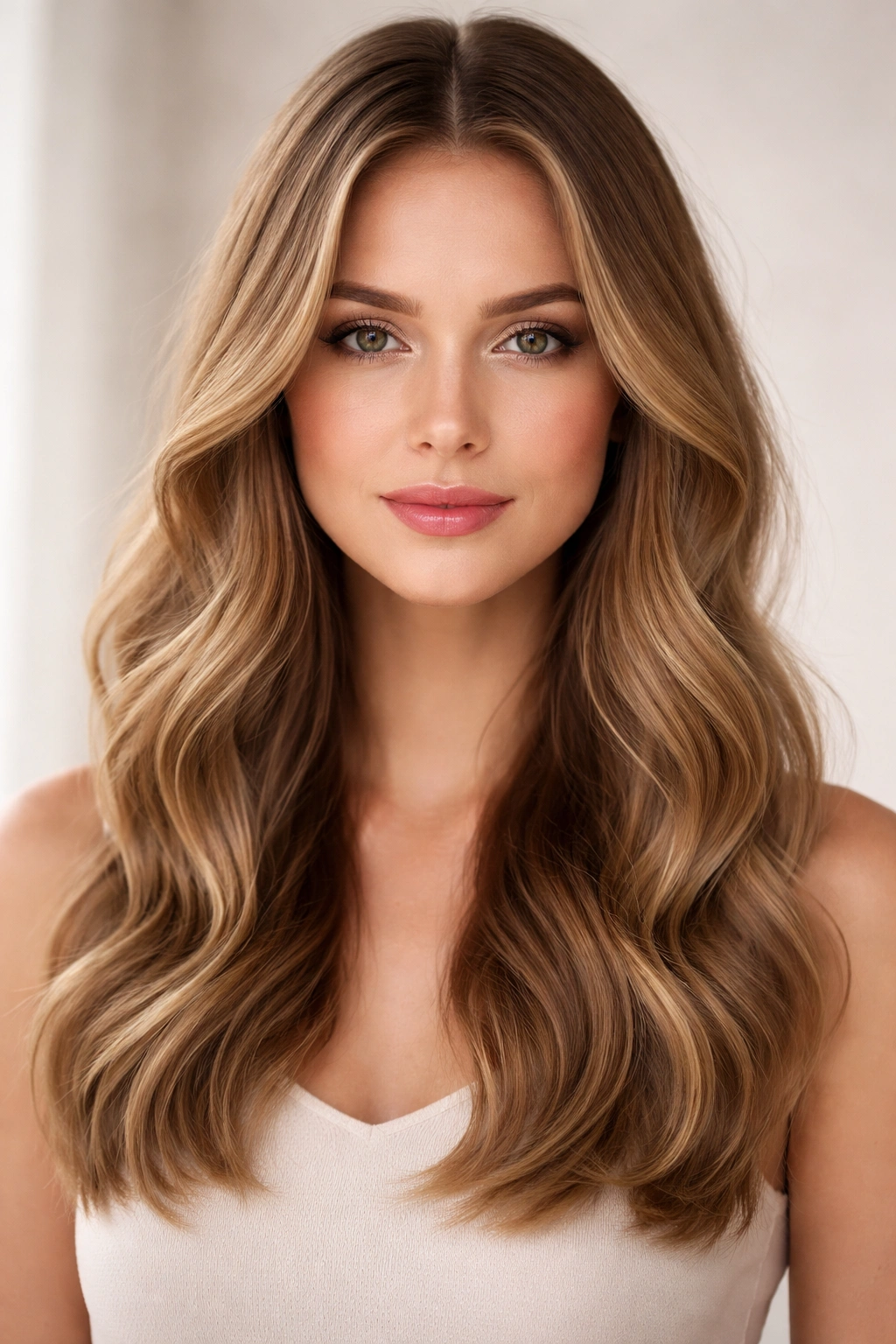 Close-up of hair with soft waves parted center, emphasizing symmetry