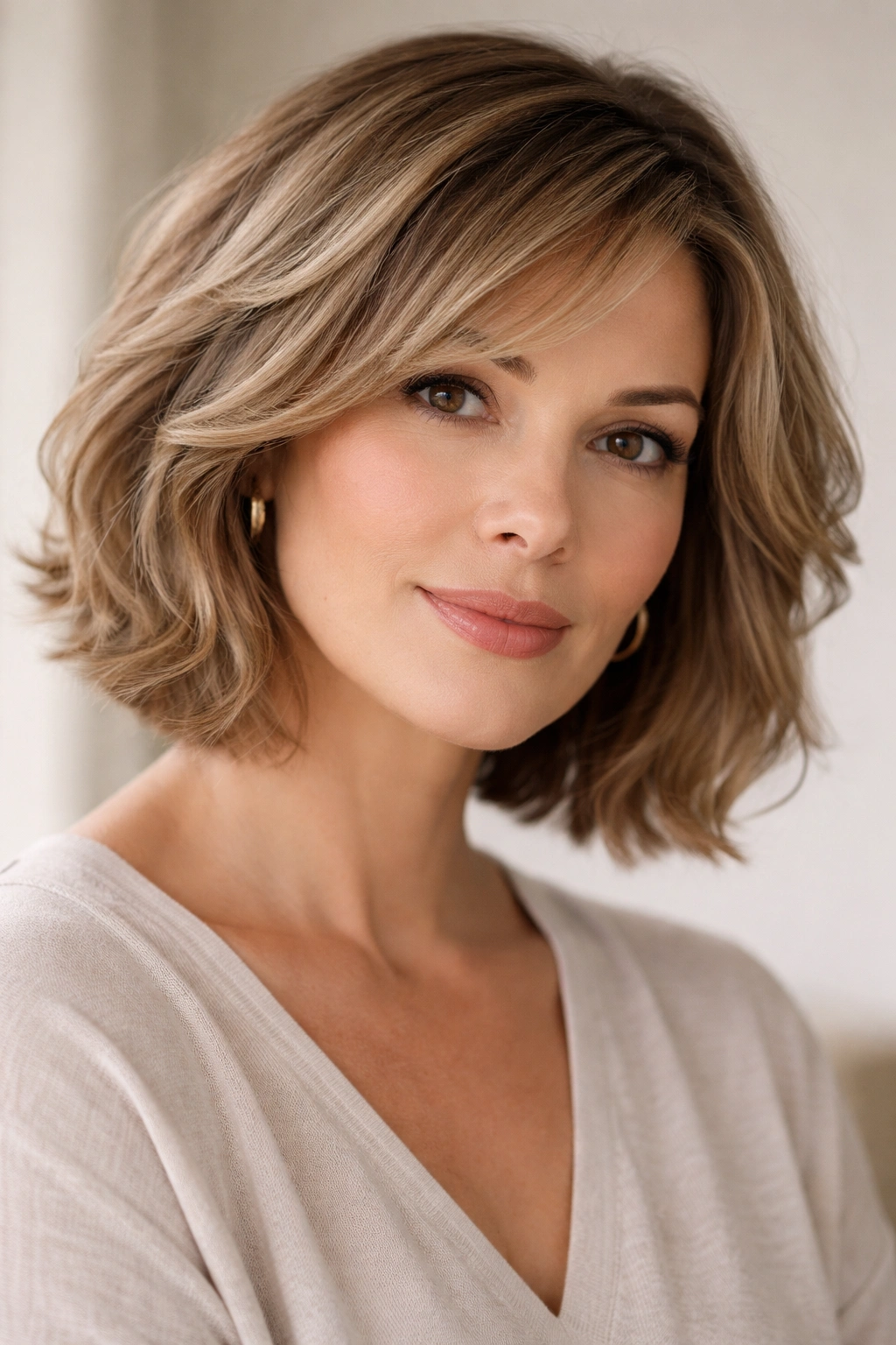 Portrait of a person with chin-length soft waves and subtle layering hairstyle