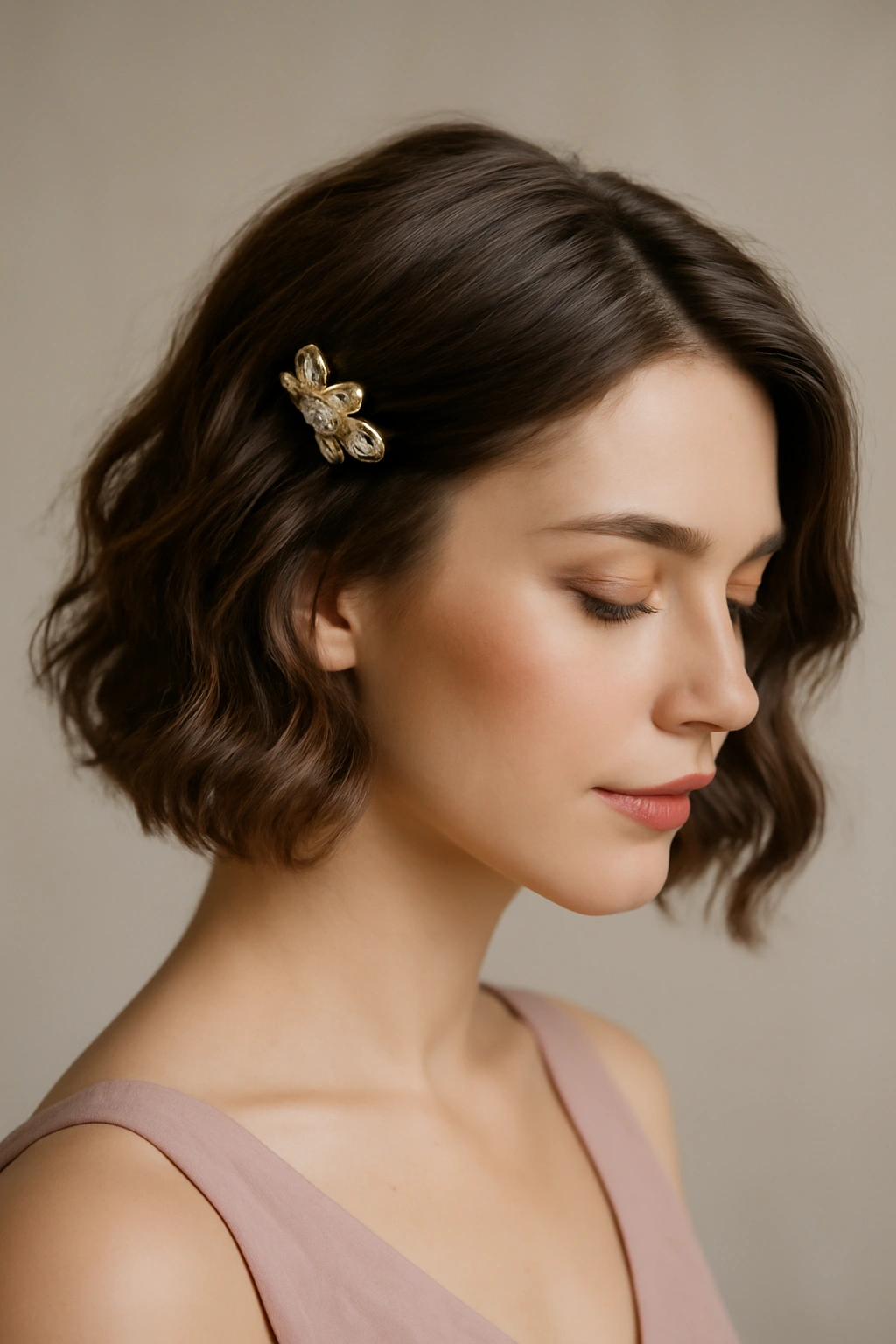 Soft waves on short hair with a decorative clip.