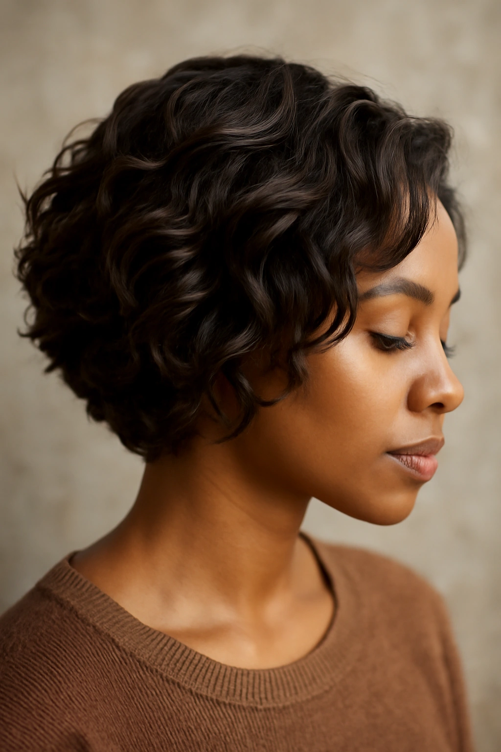 Head-and-shoulders shot of hair with soft waves and curls