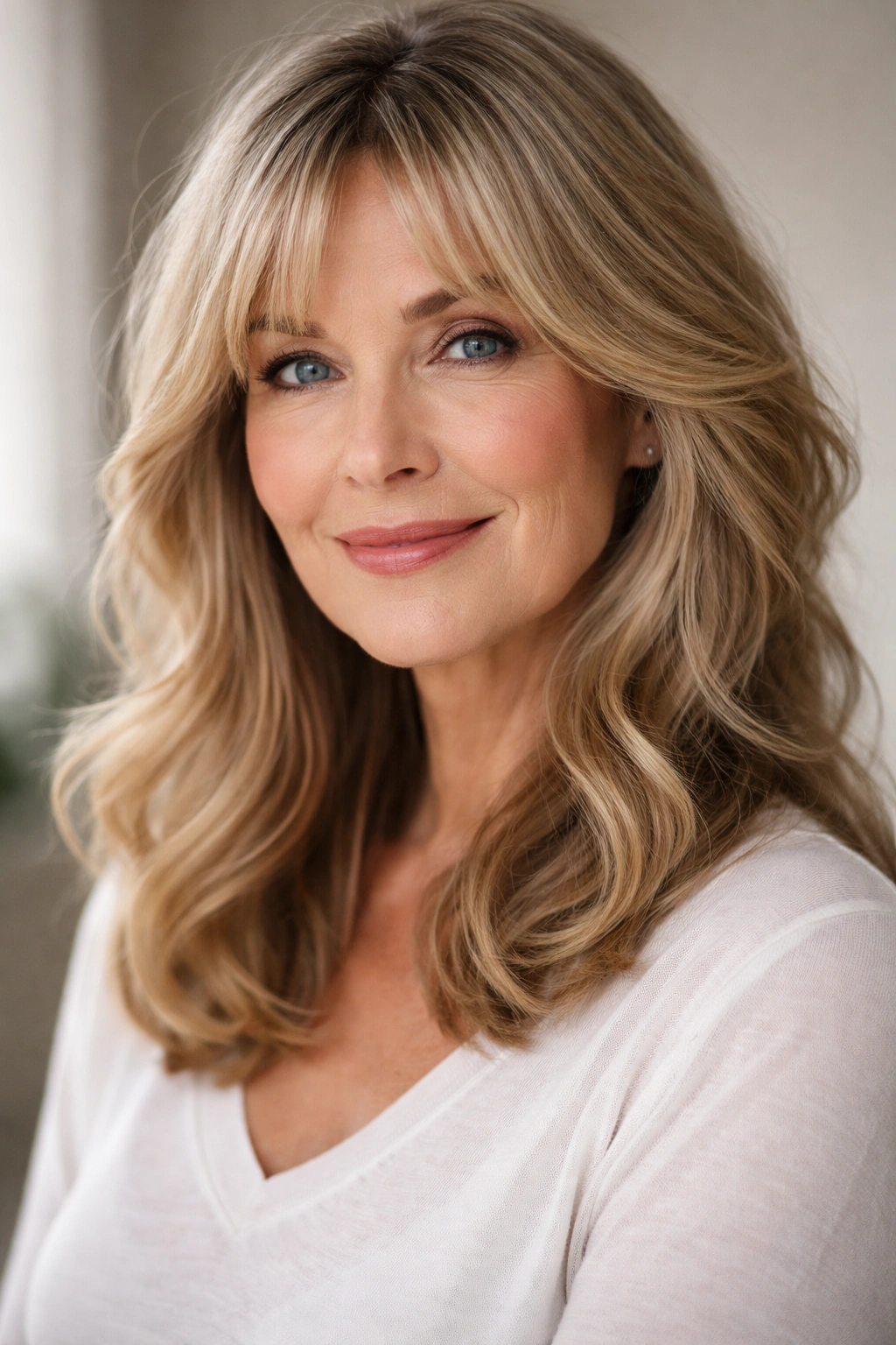 Soft waves with curtain bangs on an oval-faced model