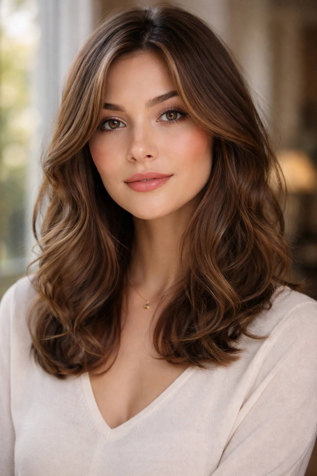 Medium-length hair with soft, face-framing waves and subtle layers