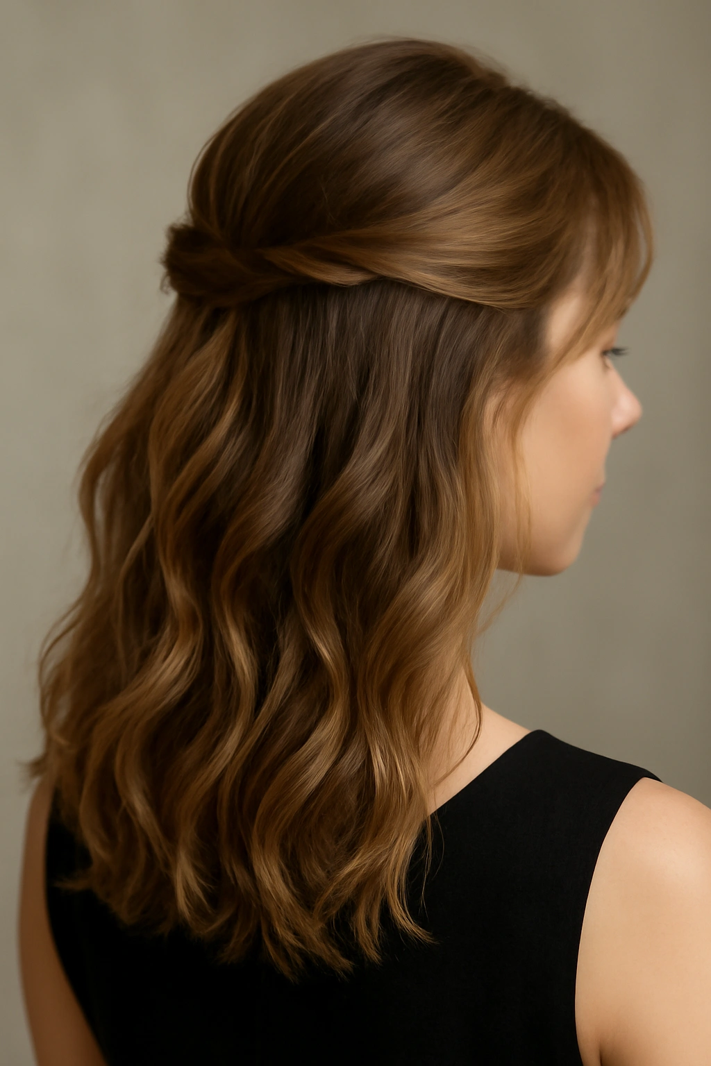 Medium-length hair styled in soft waves with a half-up twist in studio lighting