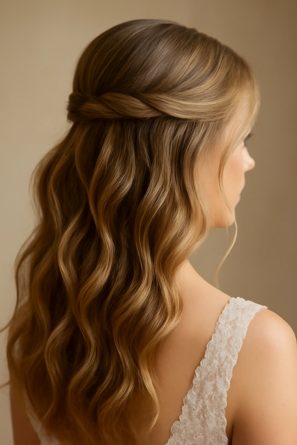 Close-up of soft waves with a delicate half-up bridal hairstyle highlighting gentle volume