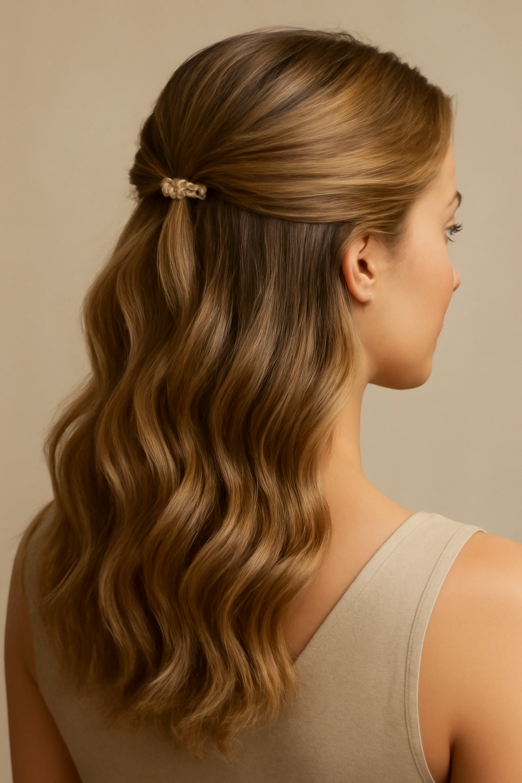 Soft waves with a half-up clip hairstyle on long hair in a neutral studio.