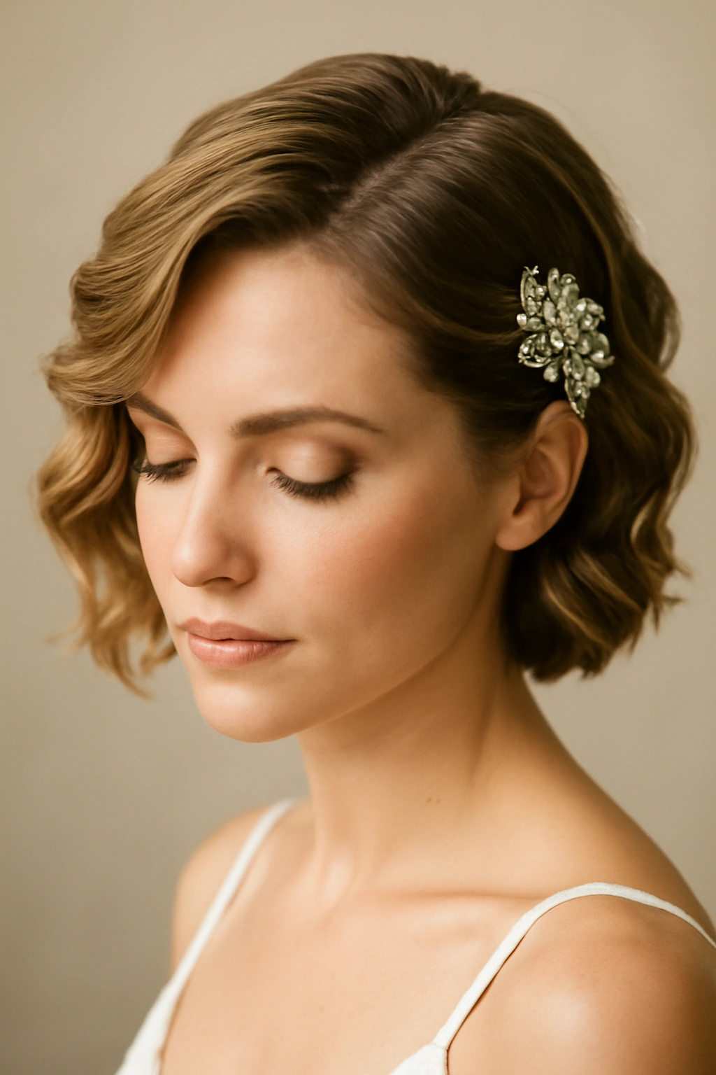 Close-up of short hair with soft waves and a jeweled side clip