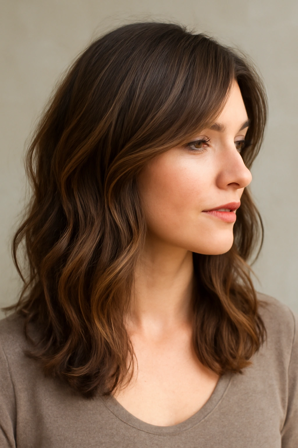 Medium-length hair with soft layered waves catching light