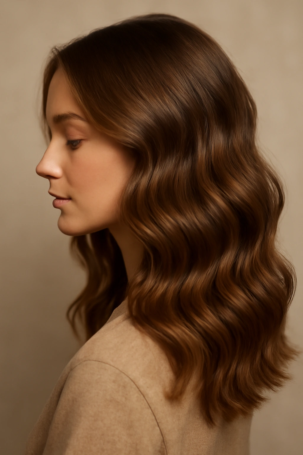 Portrait of soft, loose waves with natural movement and light reflection