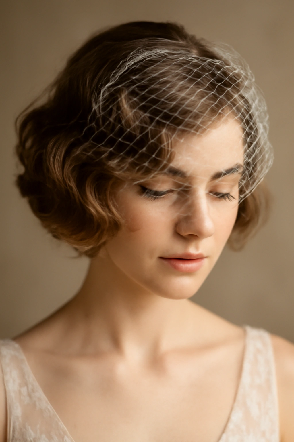 Soft waves in short hair with delicate bridal netting.