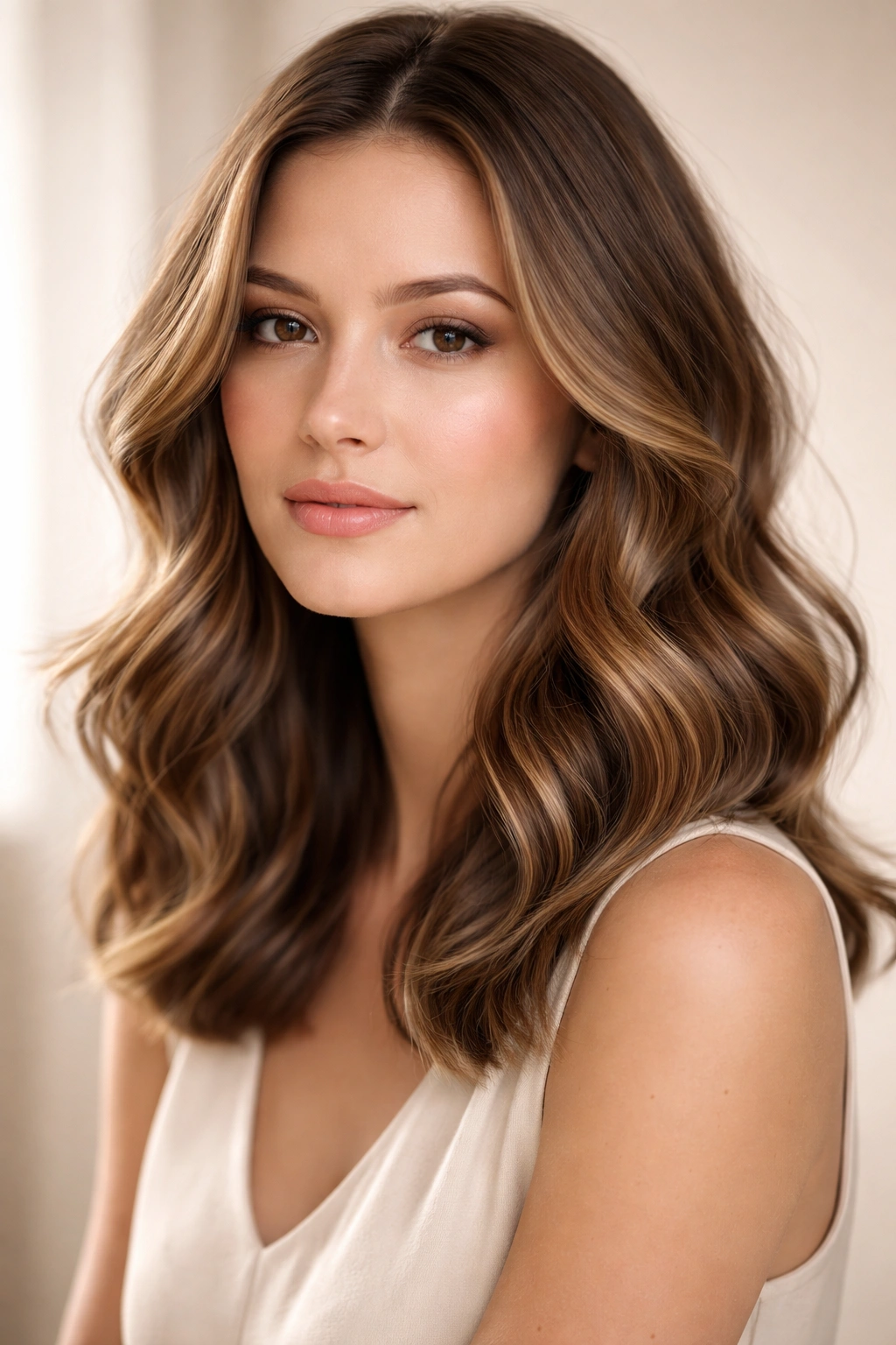 Soft waves on shoulder-length hair balancing an oblong face