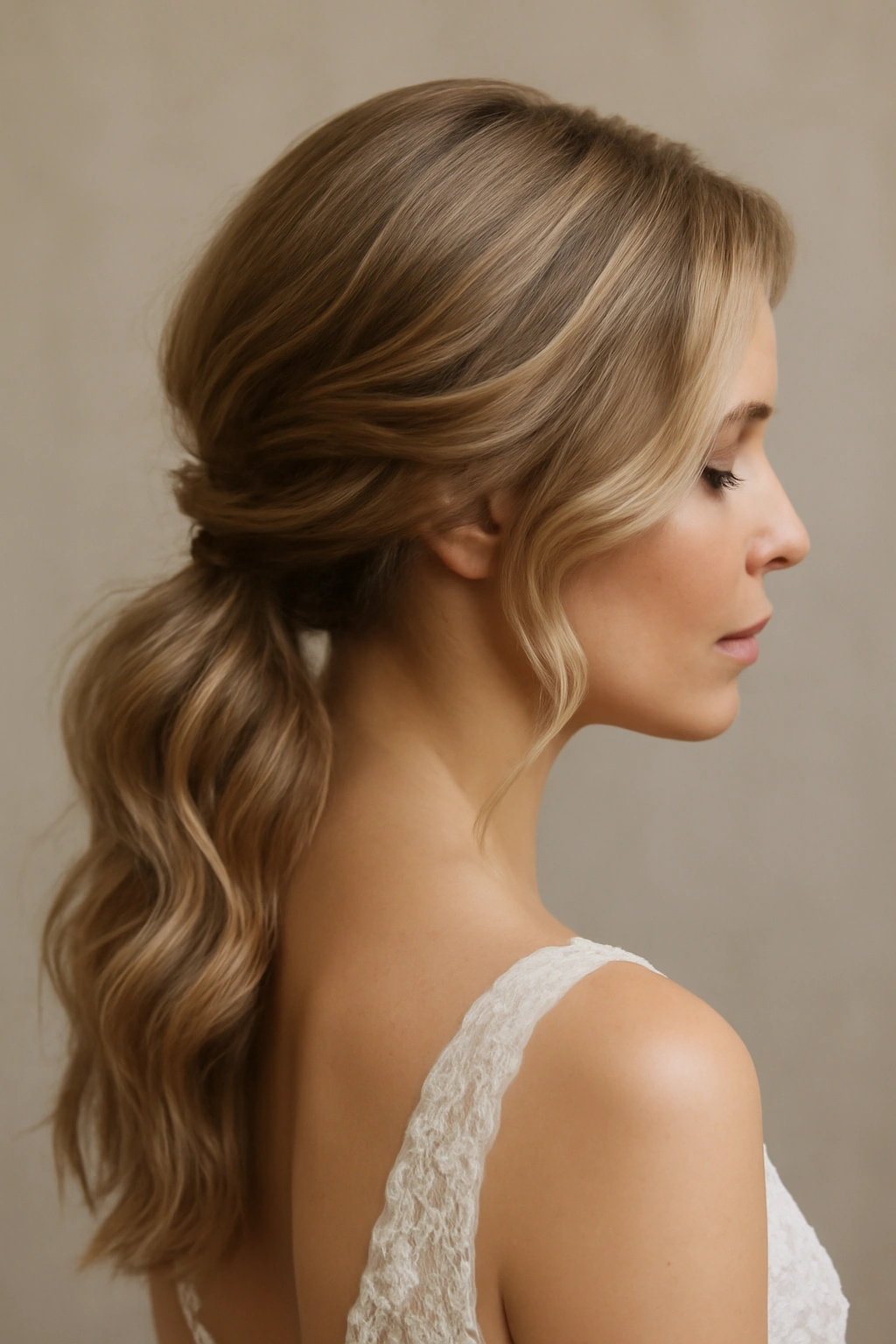 Bridal soft waves forming a low side ponytail with gentle texture