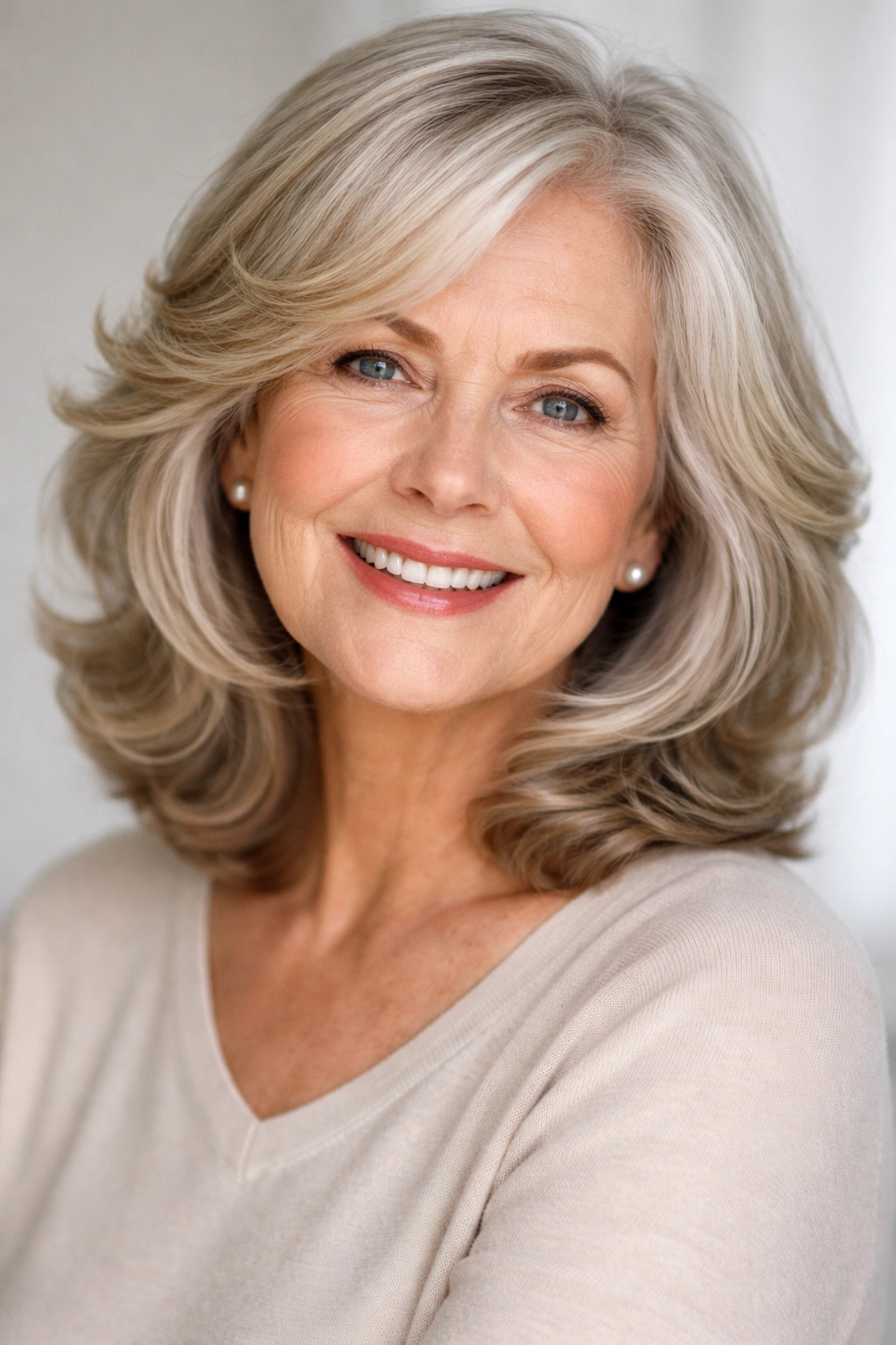 Portrait of a woman with soft waves and rounded layers.