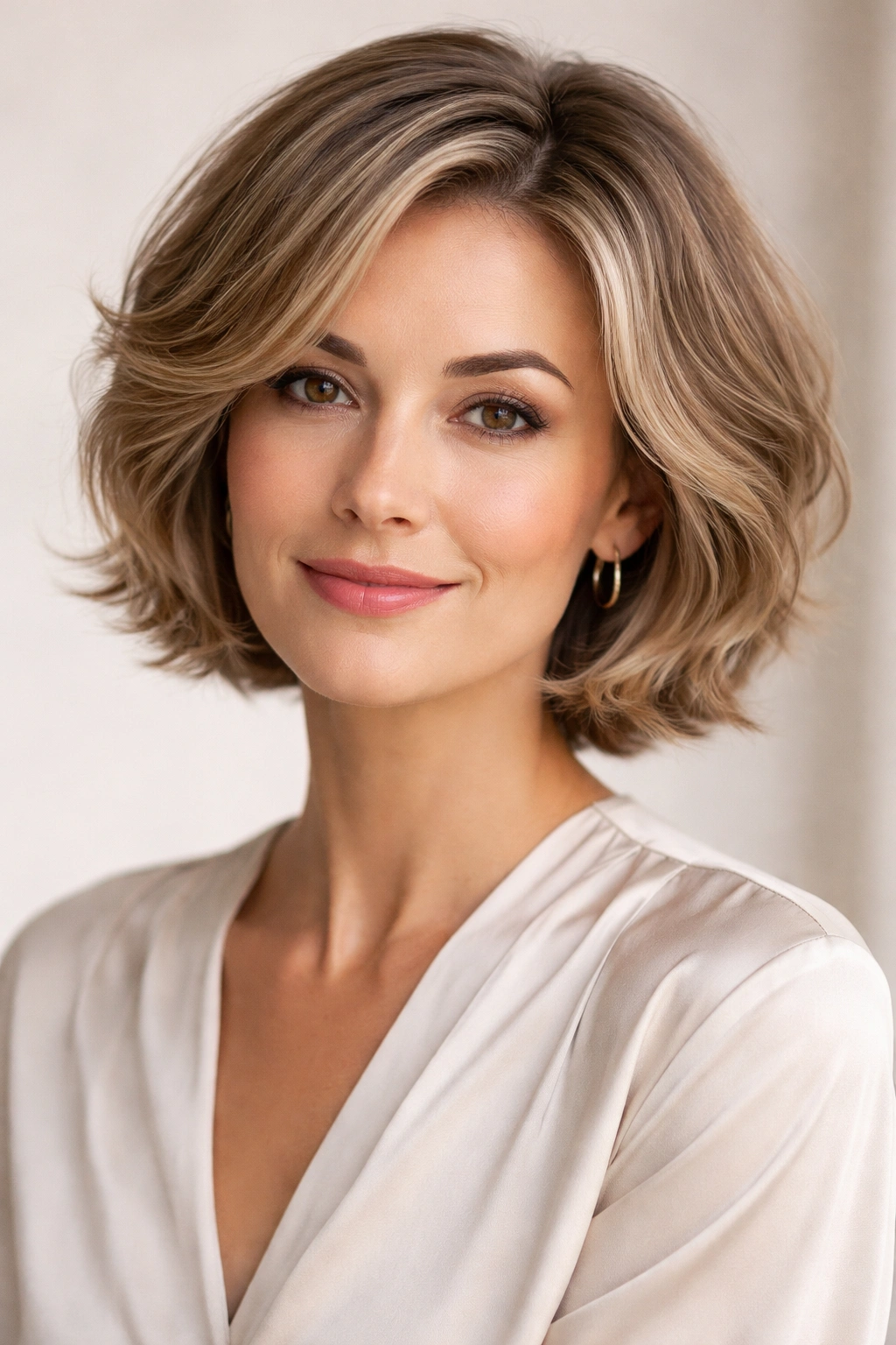 Portrait of a woman with a soft waves short cut, polished and feminine.