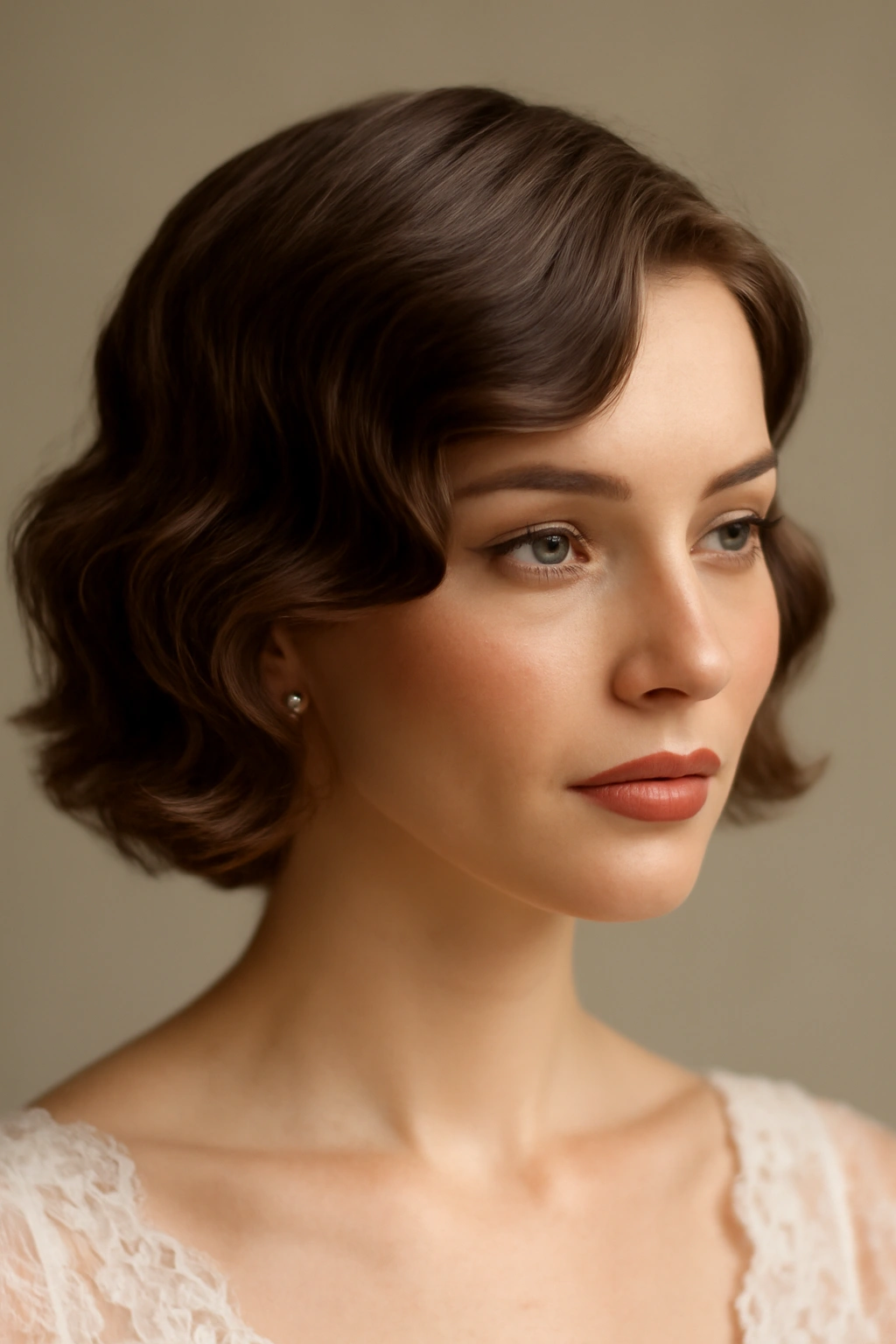 Close-up of a short-haired bride with uniform soft waves