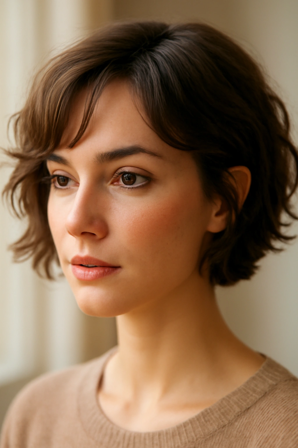 Close-up of soft waves and face-framing pieces on short hair.