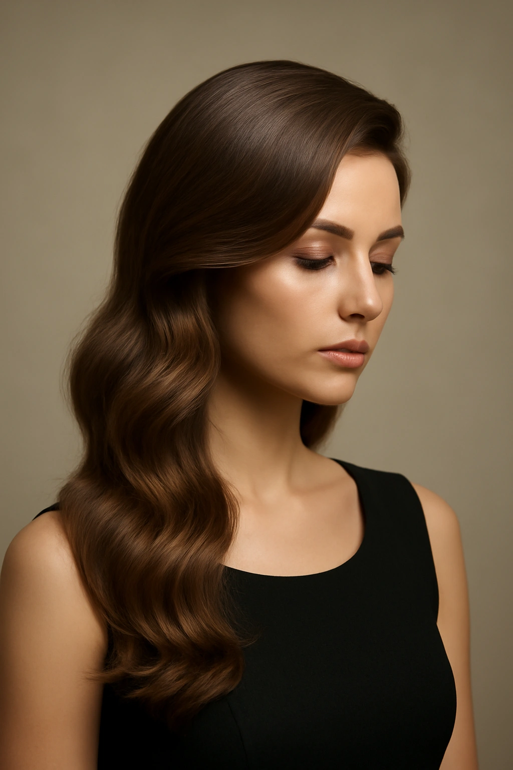 Long hair with deep side part and soft waves swept to the side
