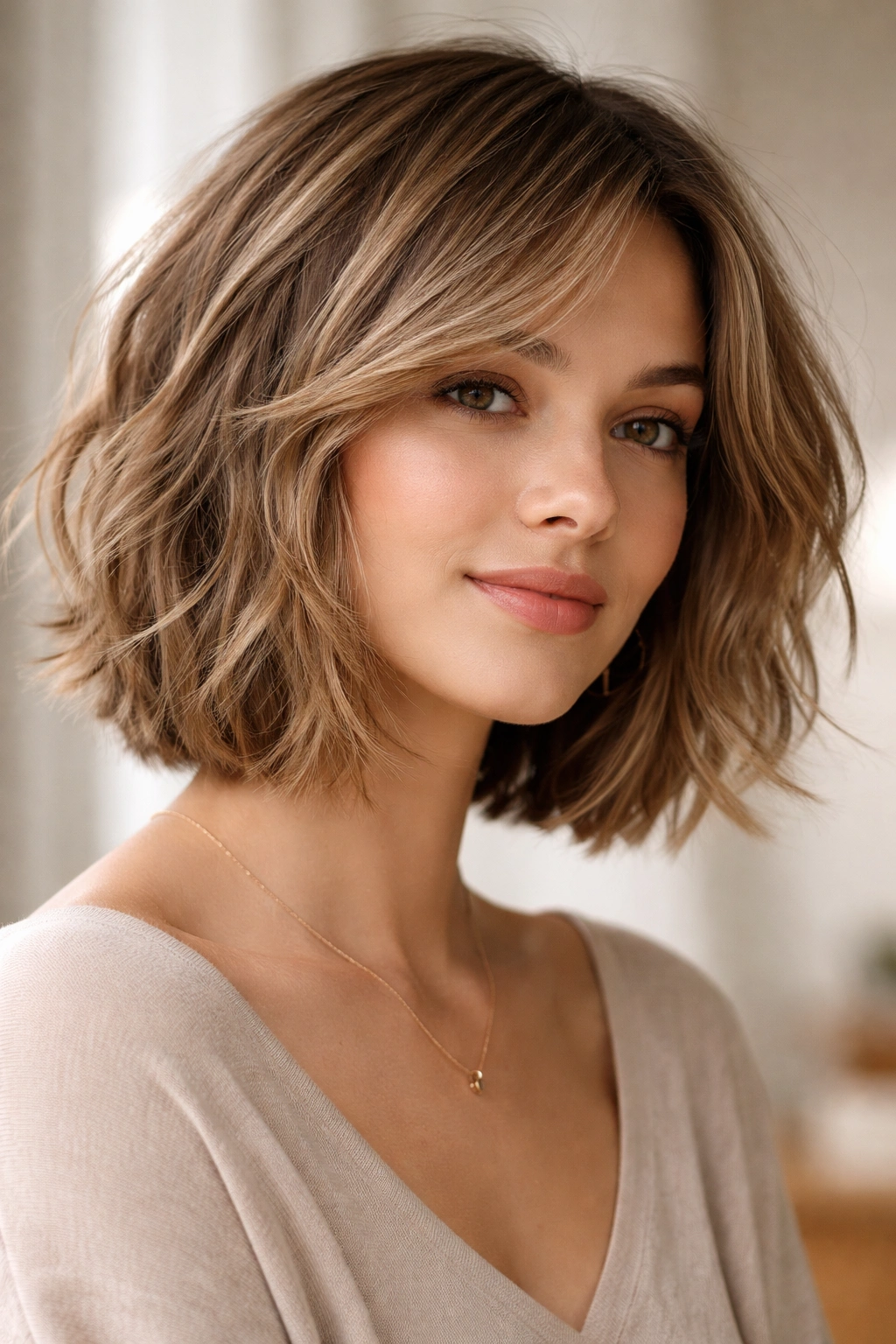 Close-up of a soft waves bob with subtle layers showing natural movement