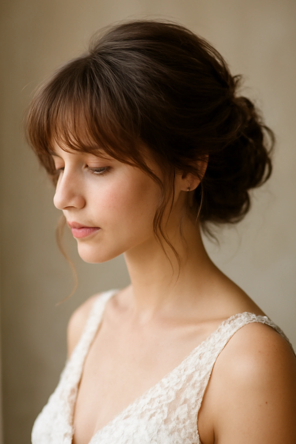 Close-up portrait of a bridal head featuring a romantic soft-wave updo with wispy bangs framing the face
