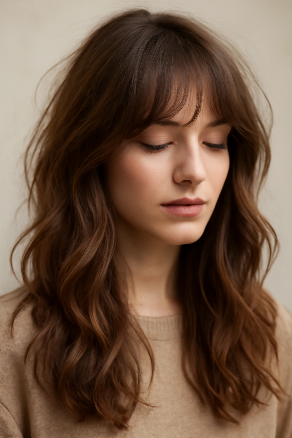 Close-up of soft tousled waves with wispy bangs framing the face