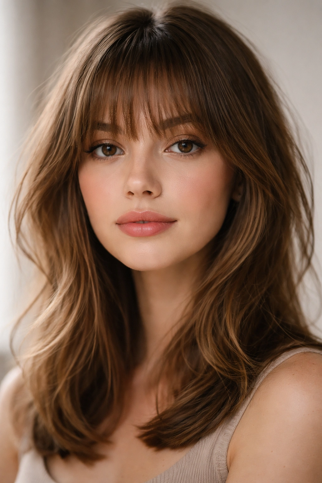 Close-up portrait of soft wispy bangs at eyebrow level with feathered ends