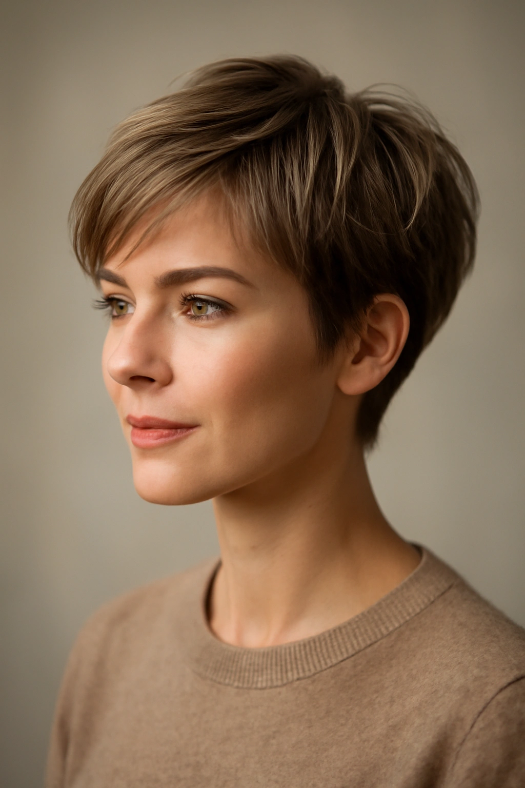 Portrait of a woman with a soft wispy pixie featuring soft edges and wispy strands