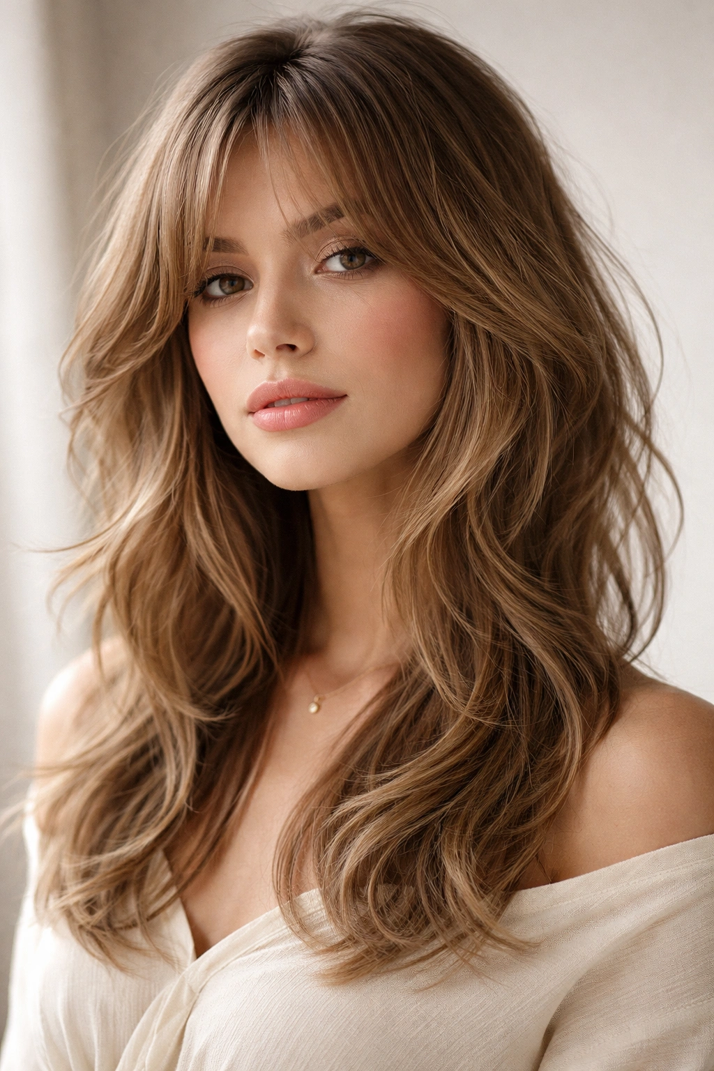 Soft romantic wolf cut with face-framing waves on mid-length hair
