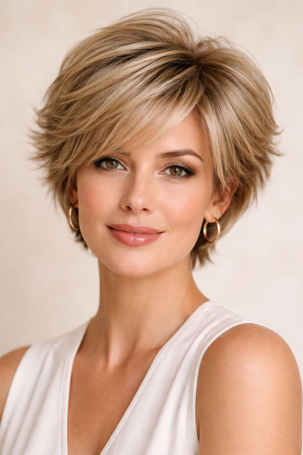 Soft-layer voluminous crop with lifted crown and smooth layers