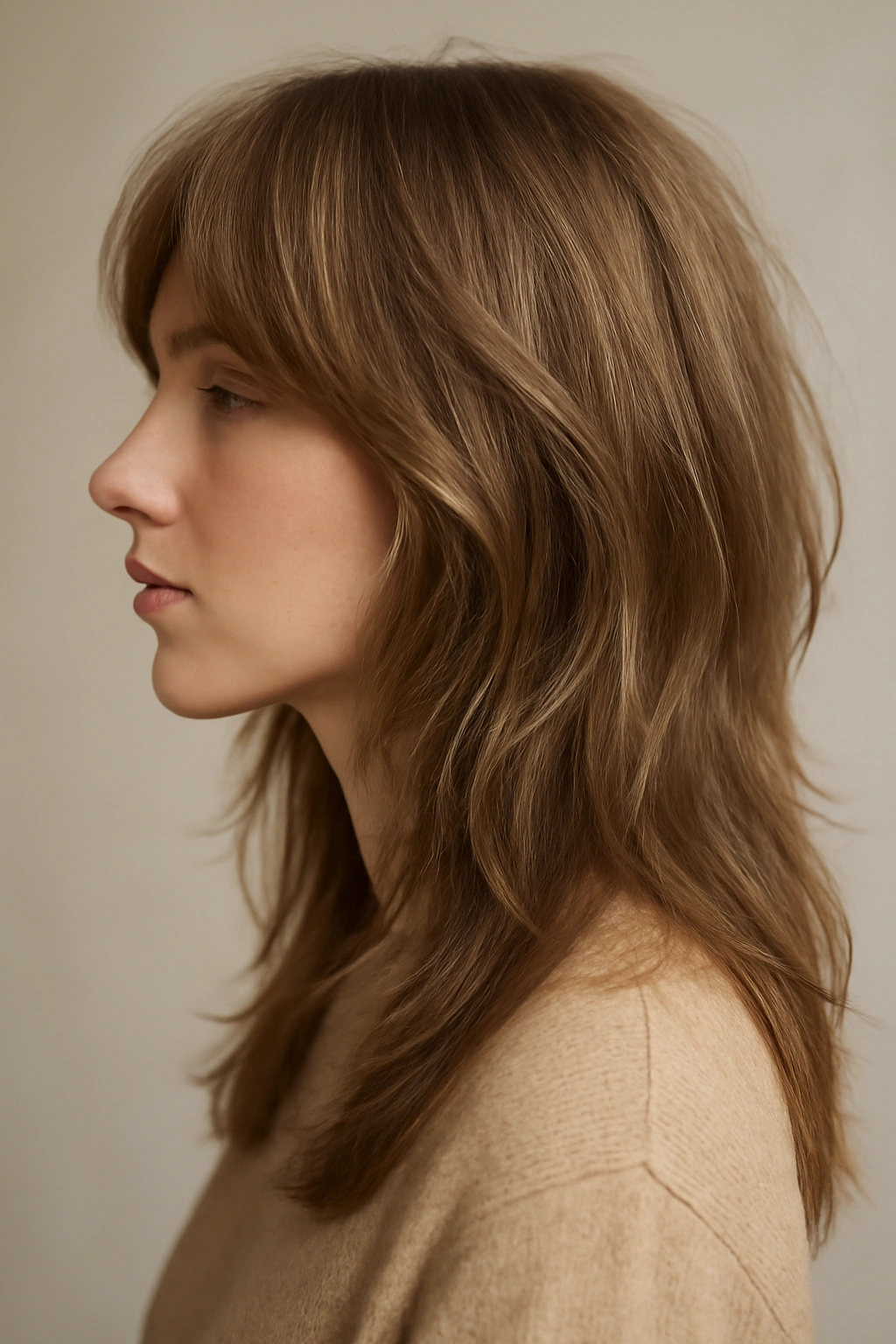 Close-up of long, wavy hair with soft feathered layers for thin hair