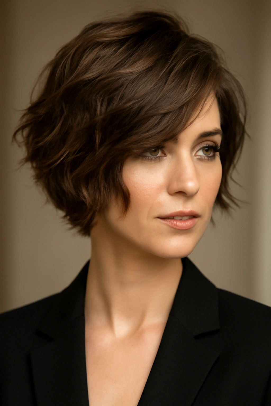 Portrait of a model with a sophisticated side-swept shag showing texture