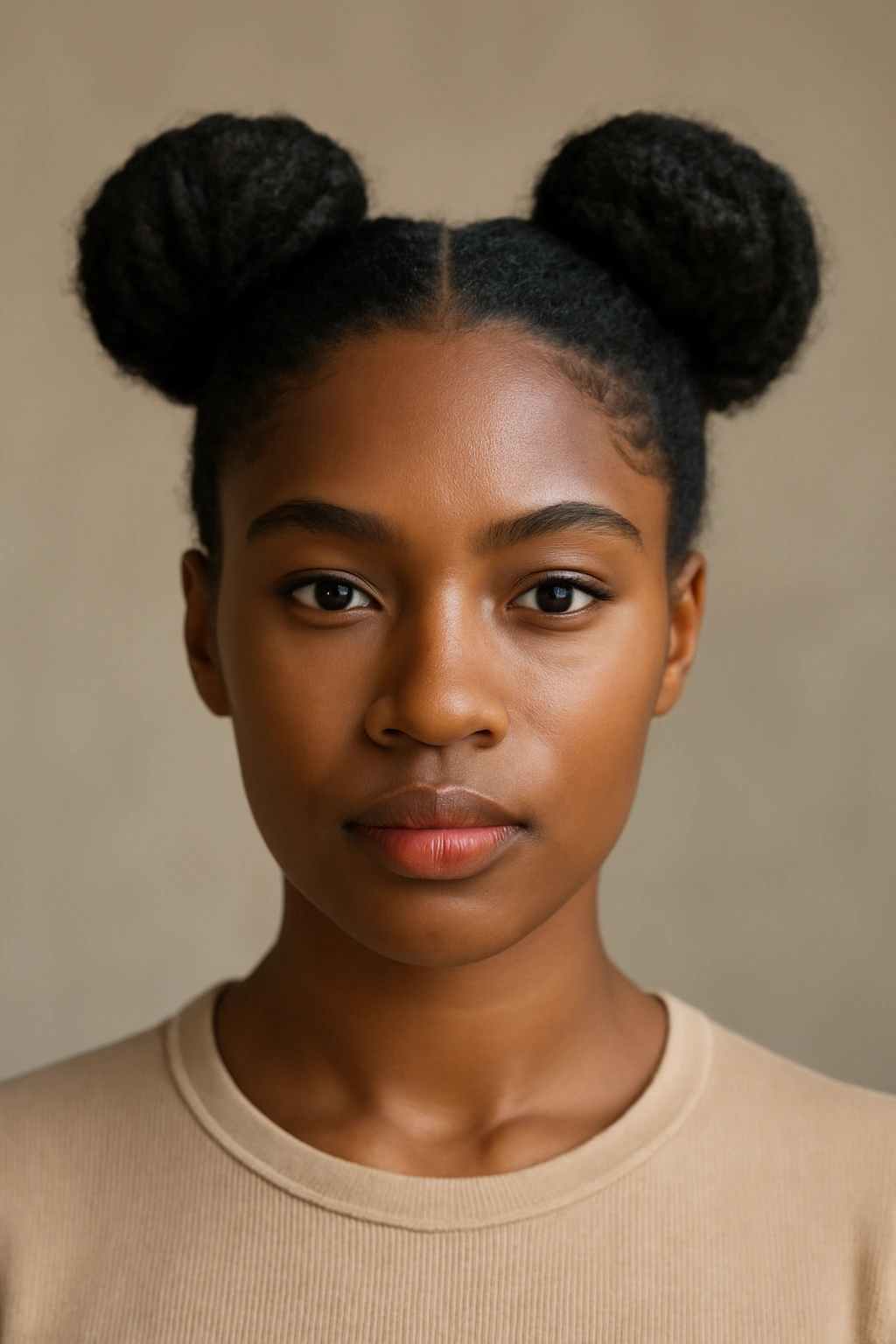 Space buns hairstyle with two symmetrical high buns