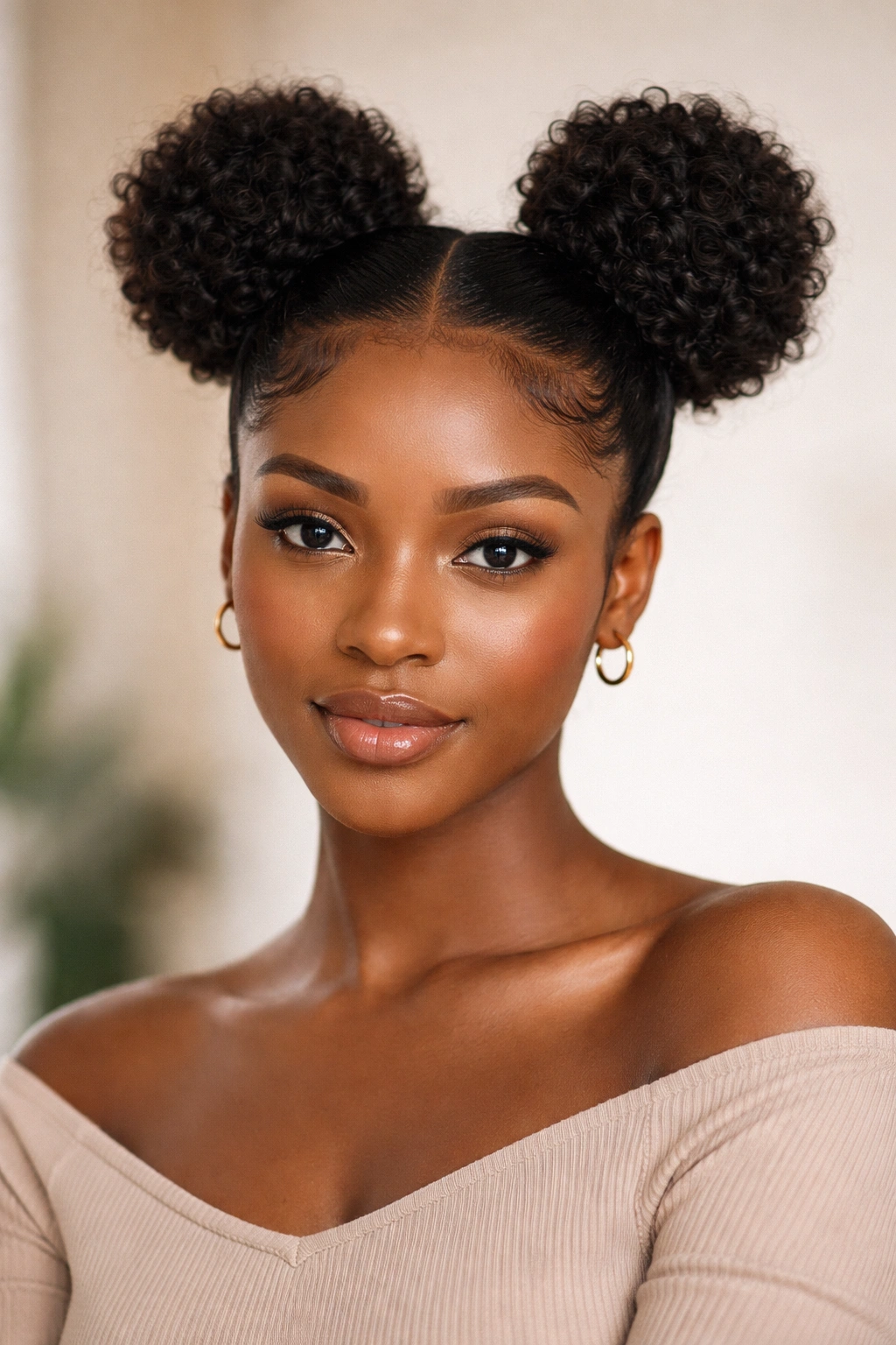 Two symmetrical space buns on natural hair seen from front