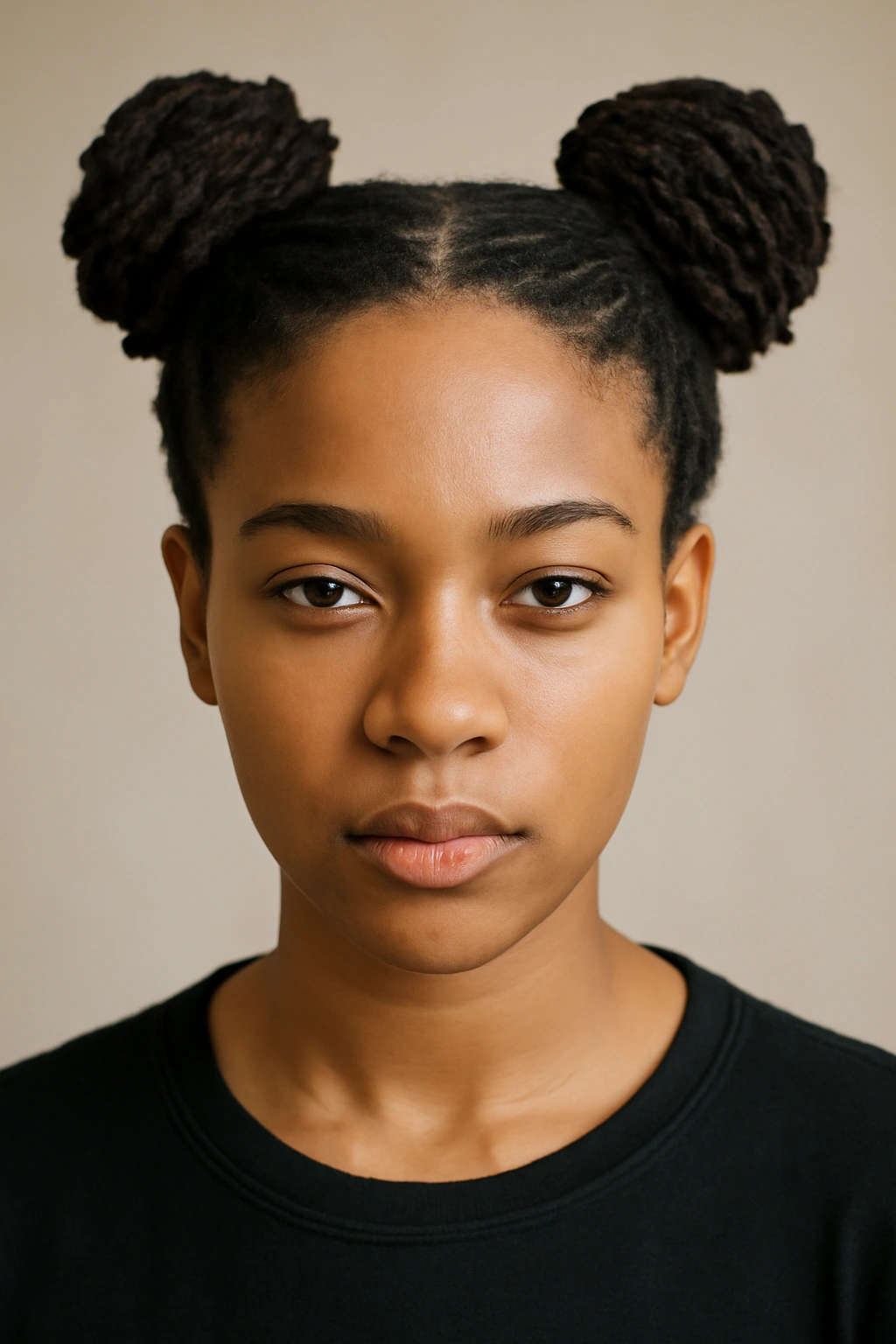Two high space buns made from short locs on opposite sides of the head