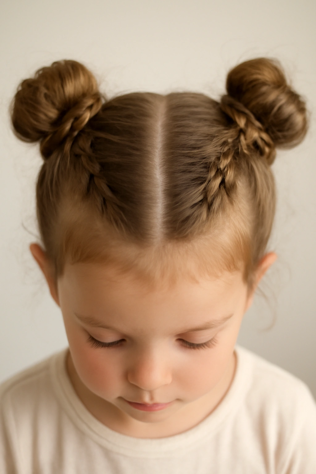 Two high space buns with mini braids on a toddler's head