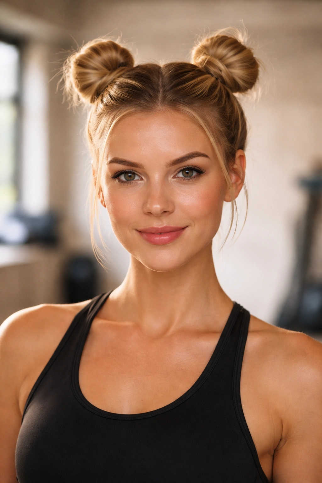 Front view of short hair styled into two high space buns