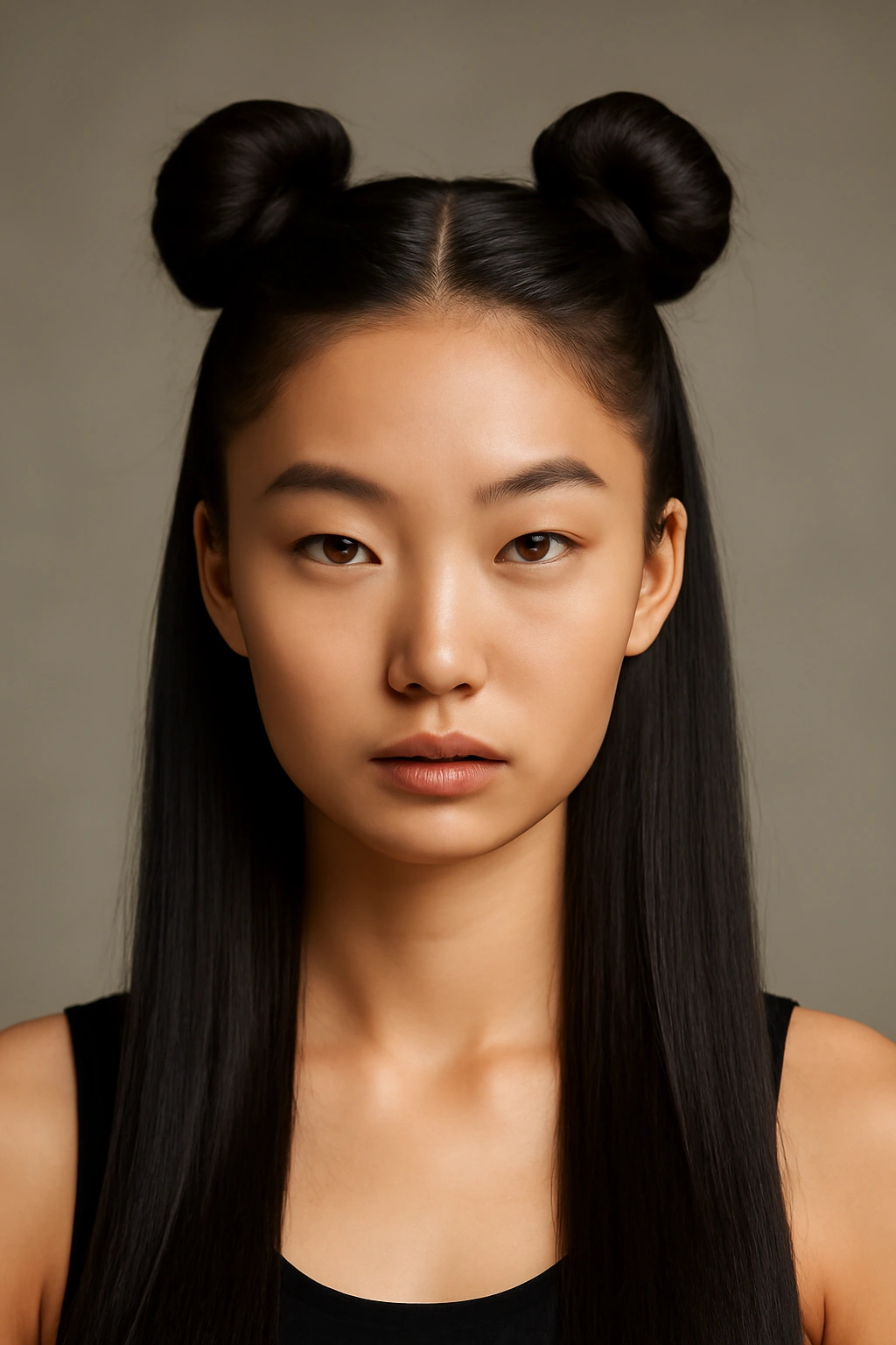 Two symmetrical space buns on sleek straight hair