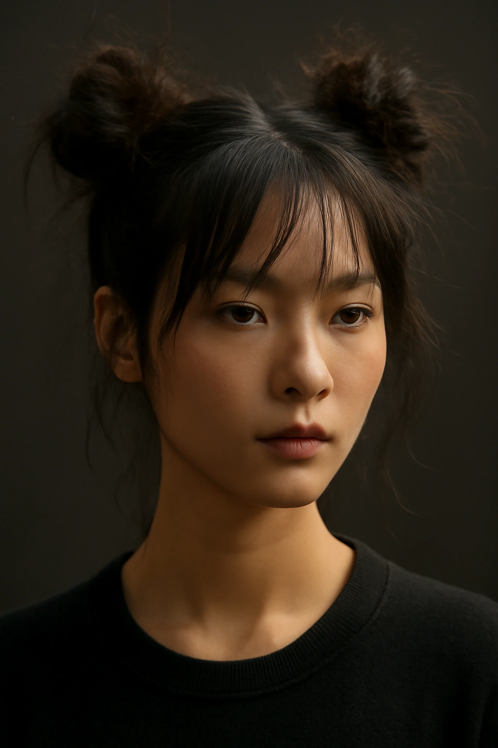 Portrait of a person with space buns and textured styling